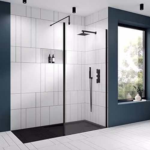 nuie WRSCOBP12 Modern Single Panel Fixed Wetroom Screen with Support Arm, Black, W: 120 cm, H: 185 cm, D: 8 cm – 3