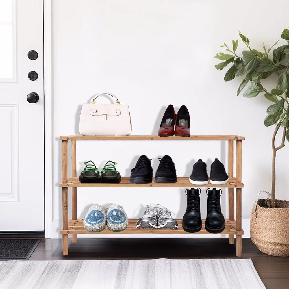 BARGAINS-GALORE 3 Tier Wooden Shoe Rack Footwear Storage Organiser in Sand Brown, W/D/H: 74.0 x 48.5 x 26.5 cm – 2