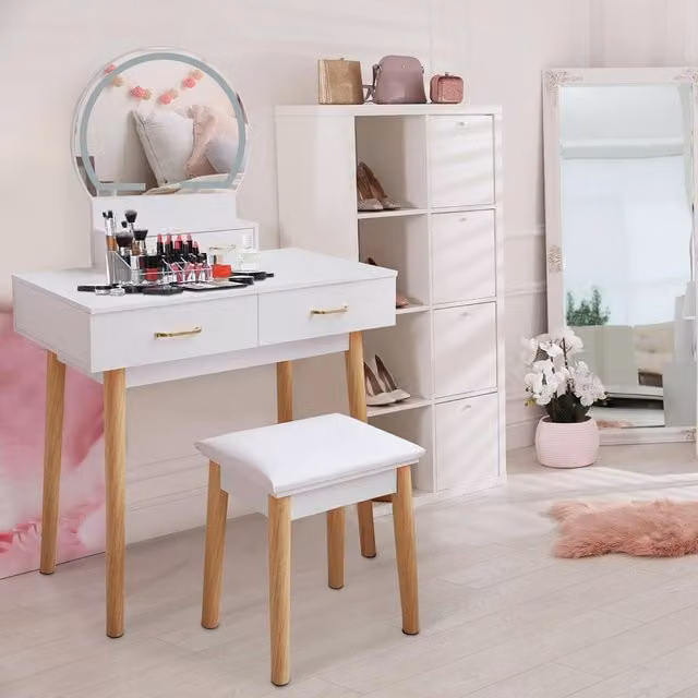 Alivio Women's Dressing Table Set with LED Hollywood Mirror, Cushioned Stool and 4 Drawers in White and Gold – 1