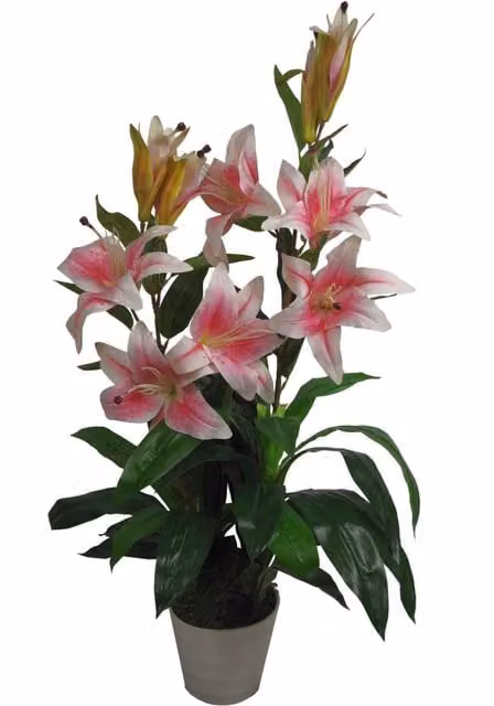 Pink Stargazer Style Artificial Lily Plant with Leaves