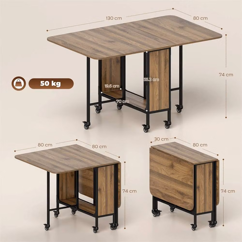Nordara Brown Wood Drop Leaf Dining Table with Castors, W/D/H: 100 x 15 x 74 cm – 2