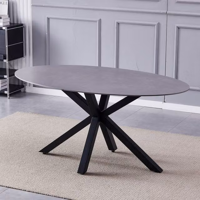 Gricio Modern Oval Ceramic Dining Table in Grey Stone with X-Frame Metal Base, W: 160 cm, D: 90 cm, H: 75 cm