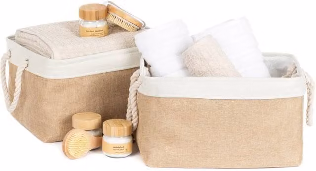 Hinsinc Set of 2 Large Fabric Storage Baskets with Handles in Beige and White, Foldable