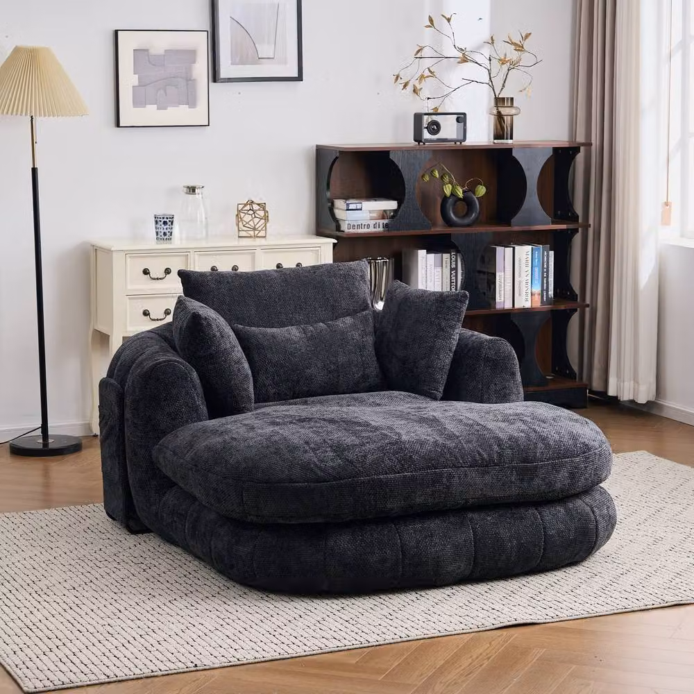 Matteo Oversized Plush Chenille Chaise Lounge Sofa in Black – 3
