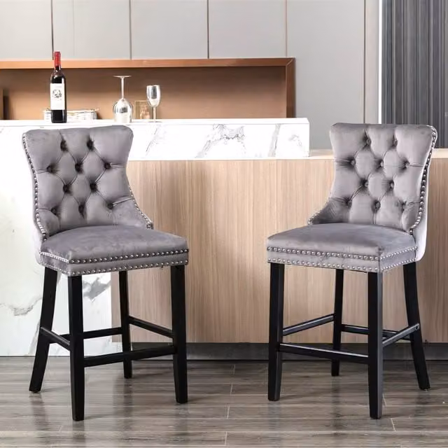Modern Home Touch Set of 2 Grey Velvet Tufted Mid-Century Bar Stools with Oak Legs