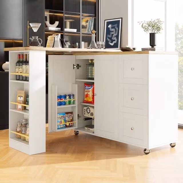 Aosom UK Multifunctional White Kitchen Storage Island Dining Table with 3 Drawers, Snack Rack and Castors, W: 209 cm, D: 39 cm, H: 104 cm