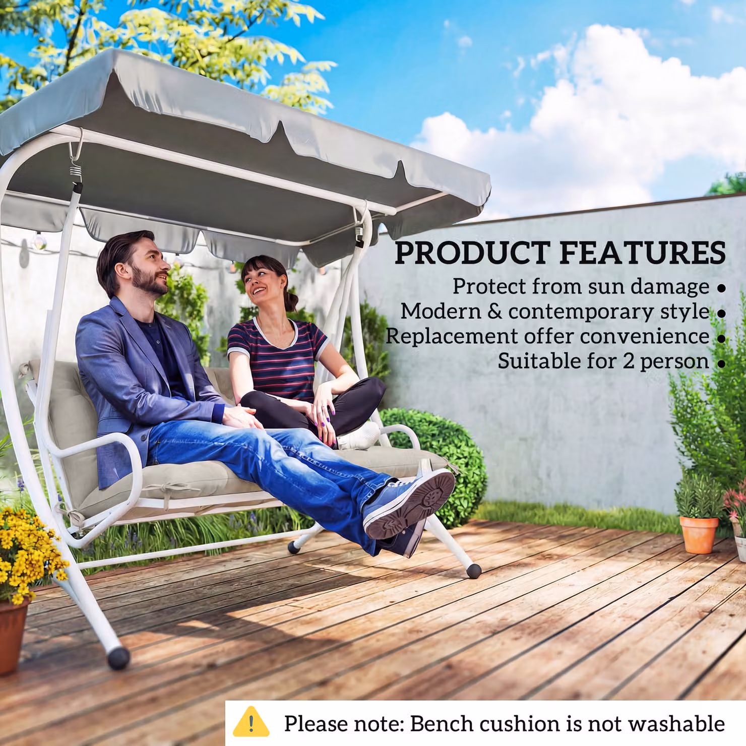 Outsunny 2 Seater Garden Bench and Swing Chair Cushion with Ties, Water Repellent Polyester, W: 110 cm, D: 120 cm – 3