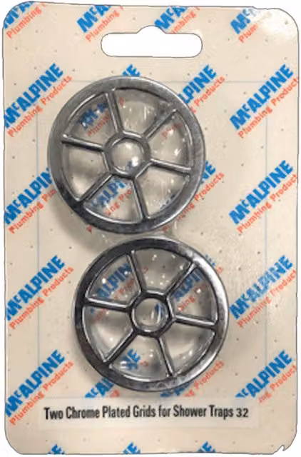 McAlpine Two Chrome Plated Round Plastic Grids for Shower Traps