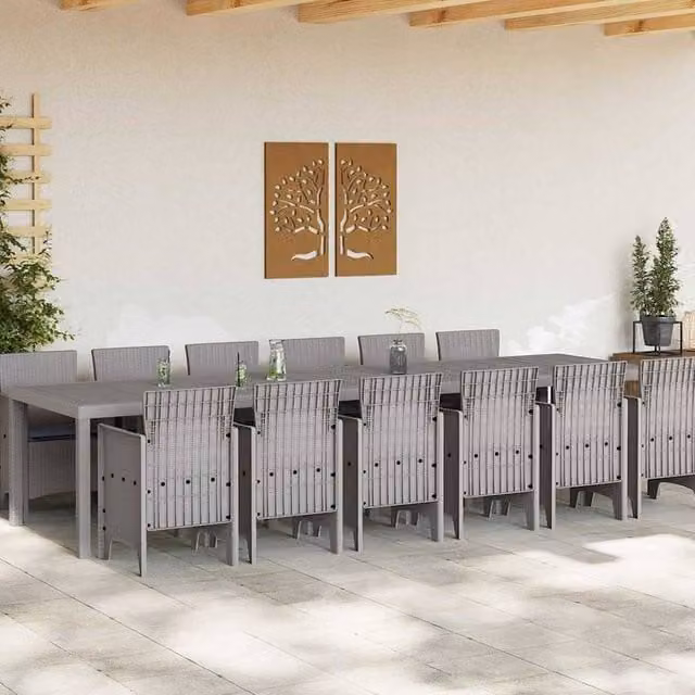 Berkfield Home Modern 13 Piece Garden Dining Set with Light Grey Poly Rattan Cushions – 1
