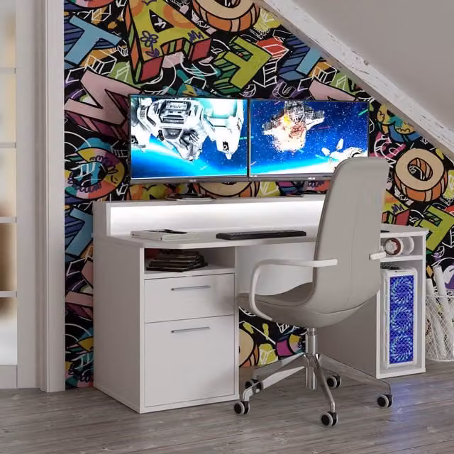 Rest Relax Warrior Gaming Desk in White with RGB LED Lights