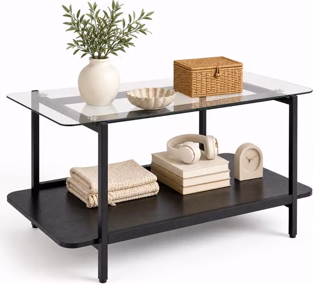 Costway Modern 2 Tier Rectangular Tempered Glass Coffee Table in Black