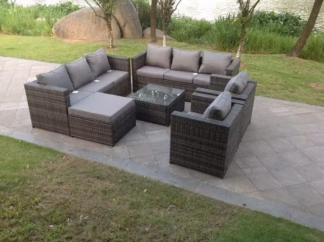 Fimous 9 Seater Grey Mixed Rattan Garden Furniture Set with Upholstered Cushions, Coffee Table and Ottoman – 1