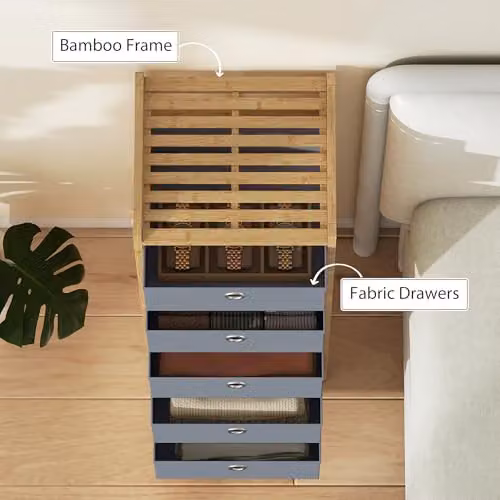 HOMCOM Chest of Drawers with Bamboo Frame and 5 Fabric Drawers in Light Grey – 4