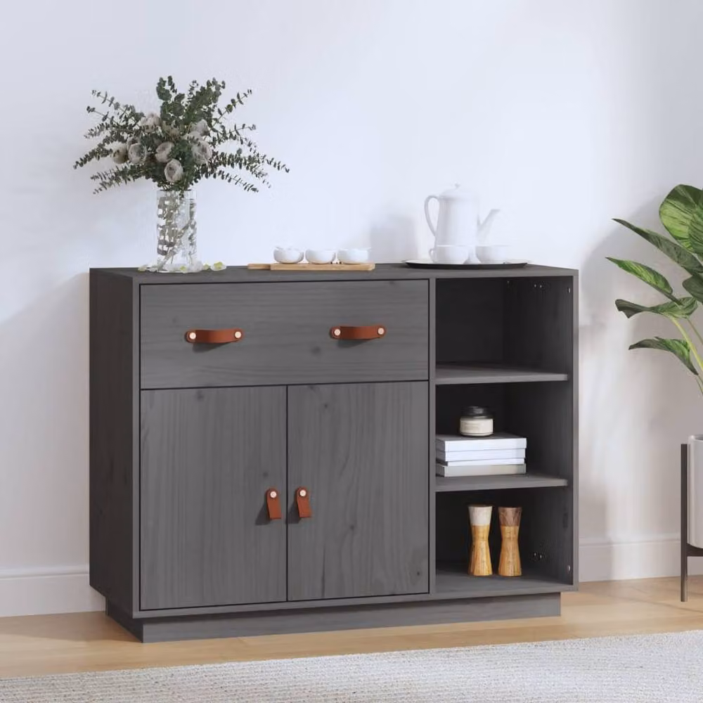 Berkfield Home Grey Rustic Solid Wood Pine Sideboard W: 98.5 cm, D: 40 cm, H: 75 cm – 2
