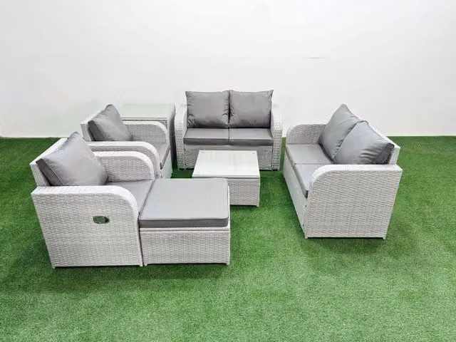 Fimous 7 Seater Rattan Garden Furniture Set in Light Grey with Reclining Chairs, L-Shape Sofa, Coffee Table and Ottoman