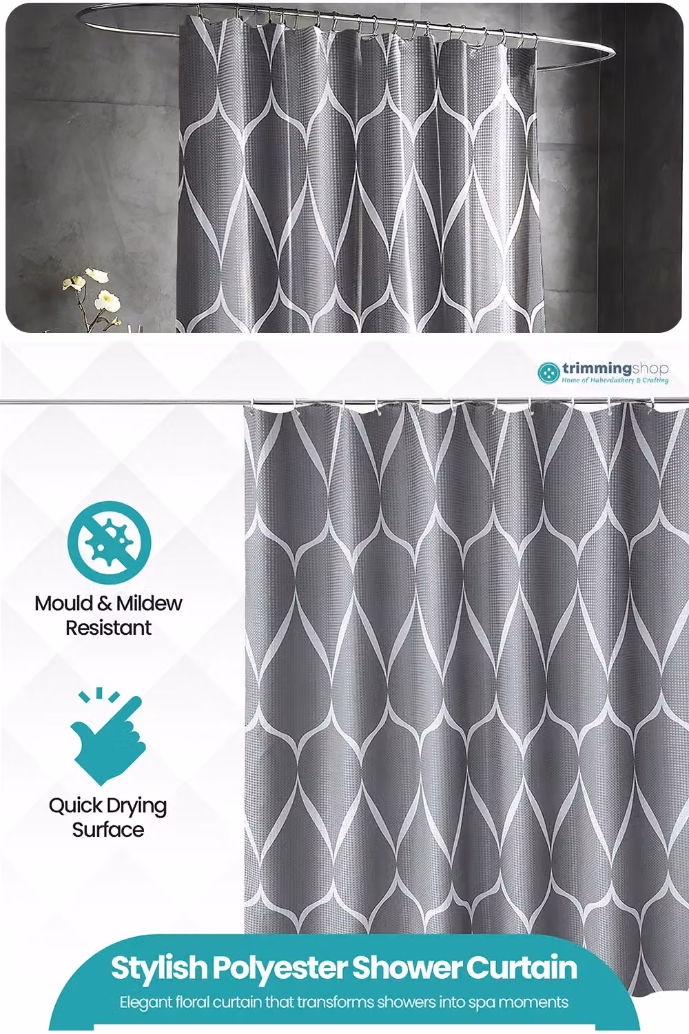 Neel Blue Lattice Design Waterproof Bathroom Shower Curtain in Dark Grey, W: 180 cm, H: 200 cm – 3