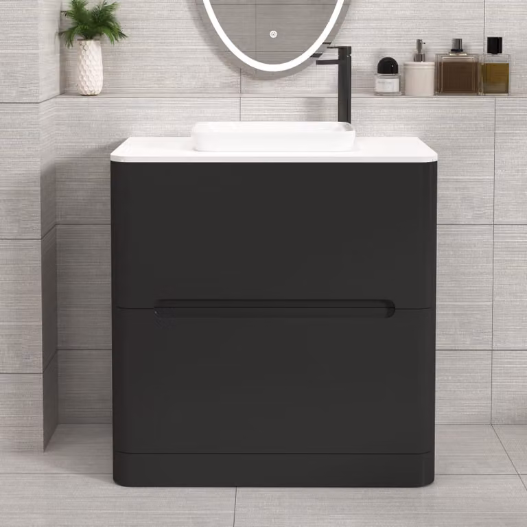 Royal Bathrooms Venice 800mm Matt Nocturne Black Floor Standing 2 Drawer Vanity Unit with Plain White Worktop and Qubix Basin