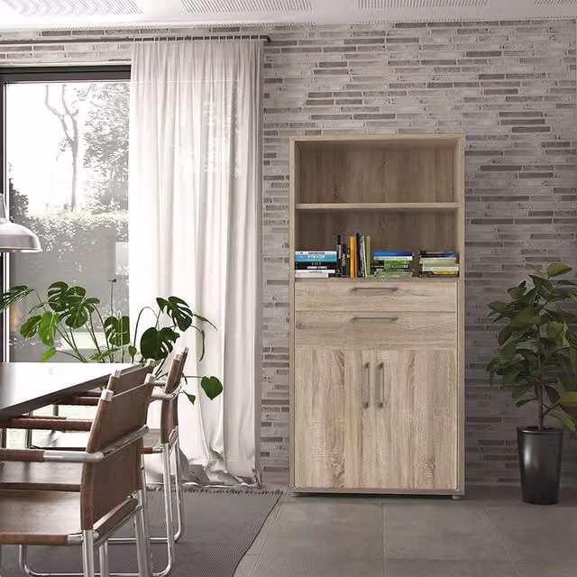 Furniture To Go Prima Modern 2-Shelf 2-Drawer 2-Door Bookcase in Oak Brown
