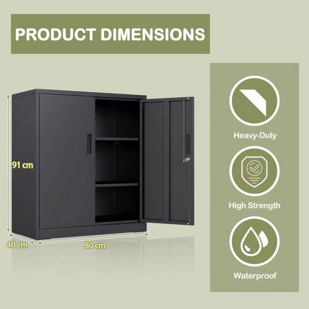 VOGREX Black Metal Freestanding Storage Cabinet with Lockable Hinged Doors and Adjustable Internal Shelves, W/D/H: 80 x 40 x 91 cm – 2