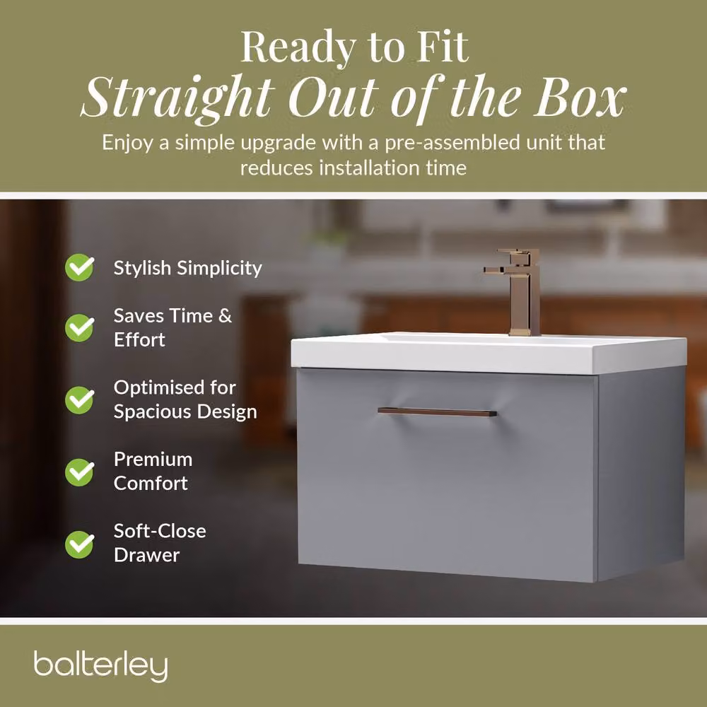 Balterley Modern Wall Hung 1 Drawer Vanity Basin Unit in Satin Grey with Bronze Handle, Width: 60 cm – 4