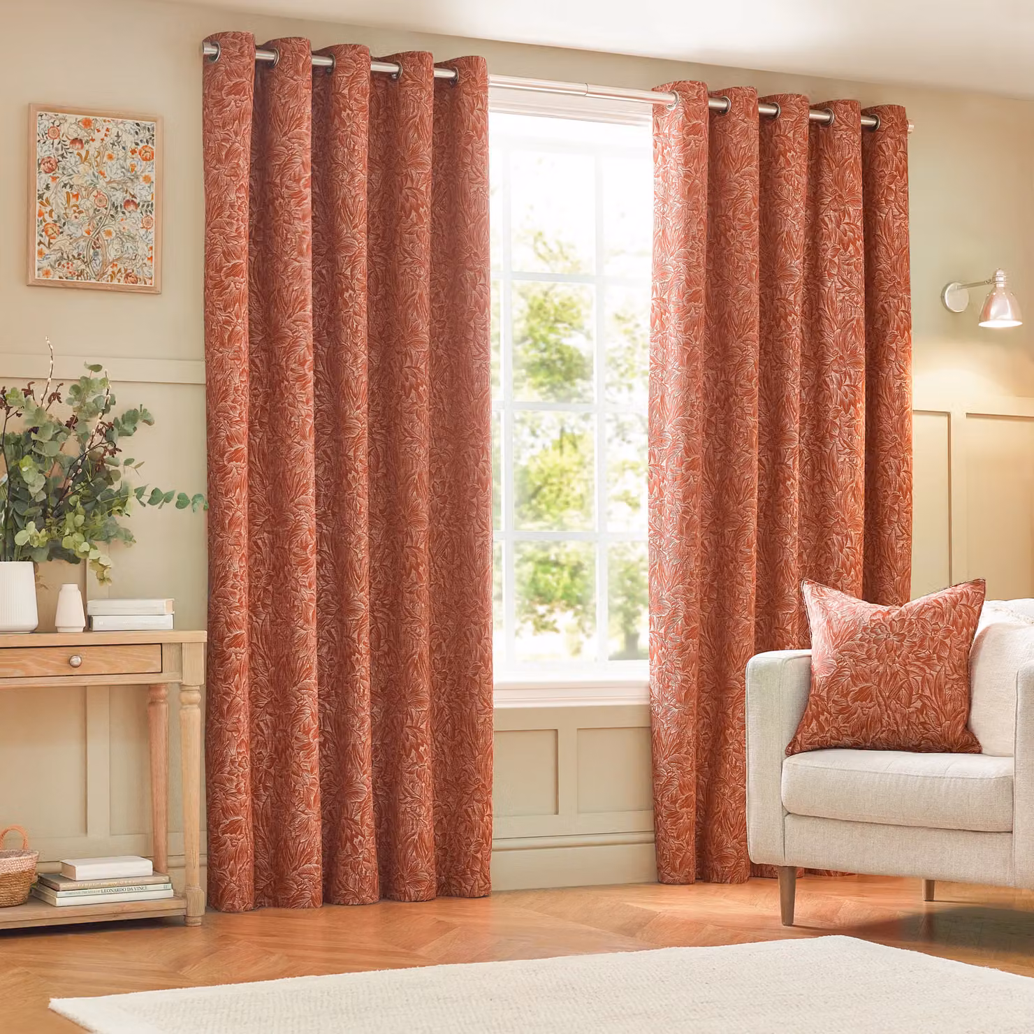 Wylder Nature Grantley Floral Jacquard Eyelet Curtain Pair in Orange, Width: 168 cm, Drop: 183 cm – 2