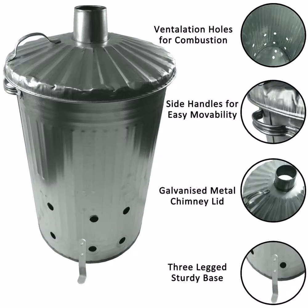 SPETLEK Large Steel Incinerator Bin with Flip Lid in Silver, H 90 cm x W 76 cm x D 46 cm – 5