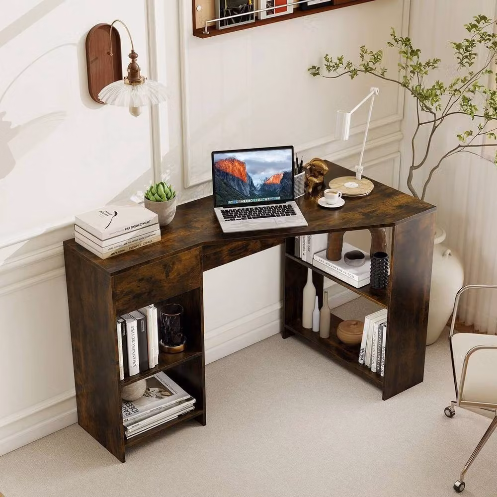 KORVIXA Modern Compact Corner Executive Desk in Brown with Pull-out Drawer and Open Shelving, W/D/H: 100 x 100 x 60 cm – 2