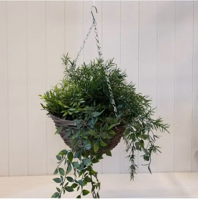 KDMD Round Brown Rattan Hanging Basket Planter with Transparent Plastic Liner