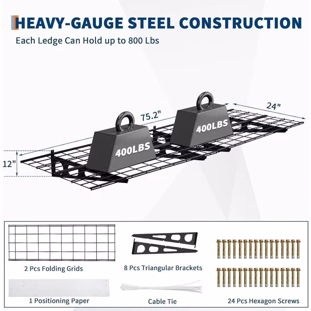 VOGREX Black Metal Wall Mounted Garage Storage Shelves, 2 Piece Set, W/D/H: 182.88 x 60.96 x 60.96 cm – 2