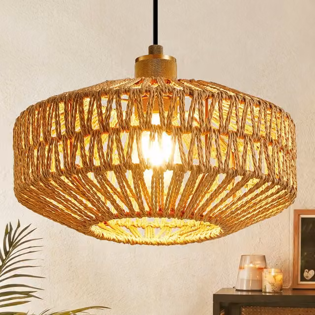 Harper Living Easy Fit Handwoven Rattan and Paper Drum Shade in Yellow and Brown