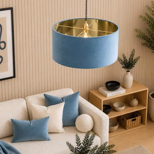 CGC Lighting Milano Oversized Large Cylinder Velvet Fabric Lamp Shade in Teal and Gold – 1