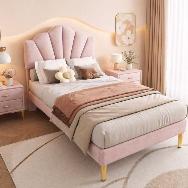 STILVORA Pink Velvet 3ft Single Bed Frame with Upholstered Headboard and Gold Details, W: 90 cm, L: 190 cm