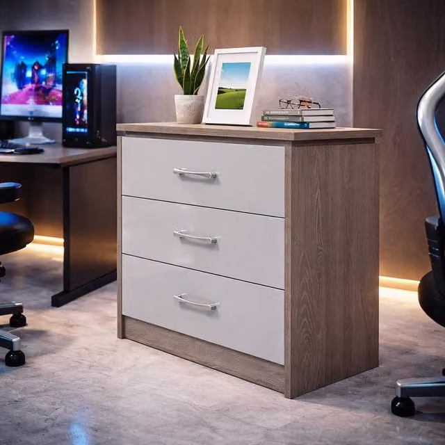 Harmin 3 Drawer Chest with Dark Oak Frame and High Gloss Grey Fronts