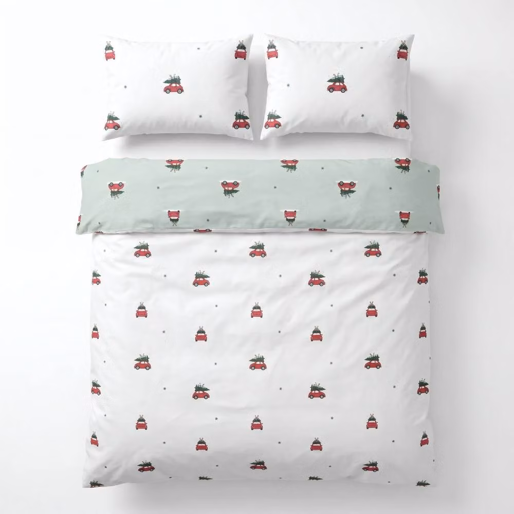Rapport Home Driving Home Christmas Microfibre Reversible Duvet Cover Bedding Set in White and Green, W: 140 cm, L: 200 cm – 2