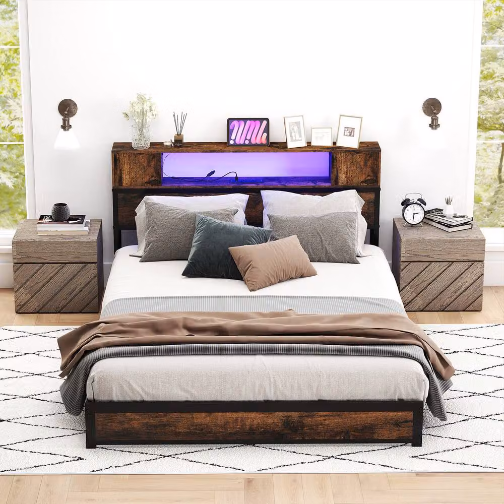 Costway Double Size Metal Platform Bed Frame in Brown with LED Lights, USB Charging Port and Side Compartments, W/D/H: 140 x 200 cm – 4