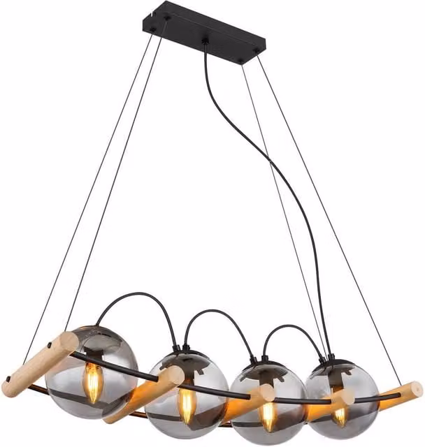 Netlighting Leona Bar Pendant Ceiling Light in Black with Grey Glass Shades, 4x E27, Height Adjustable