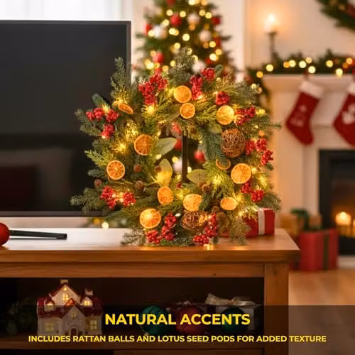 Shatchi Rustic Christmas Wreath with Eucalyptus, Berries and Rattan Balls in Orange, Red and Green, Diameter: 60 cm – 5