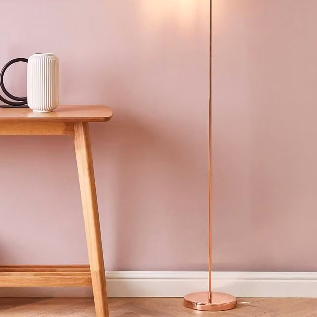 Wyld and Coco Industrial Arched Floor Lamp in Copper with Exposed Glass Bulb