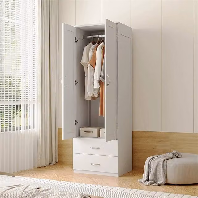 FORGEVIO White Freestanding Wardrobe with Integrated Drawers and Hanging Rod – 1