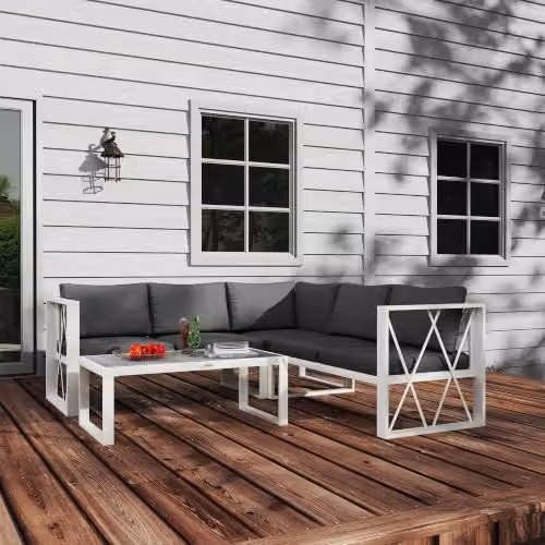 Outsunny 5 Seater L Shaped Garden Furniture Set in Grey with Upholstered Cushions and Coffee Table – 7