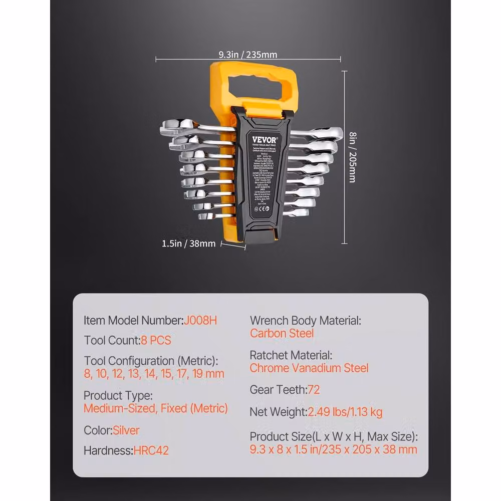 VEVOR 8-Piece Chrome Vanadium Steel Combination Wrench Set, Metric 8 mm to 19 mm, Silver – 3