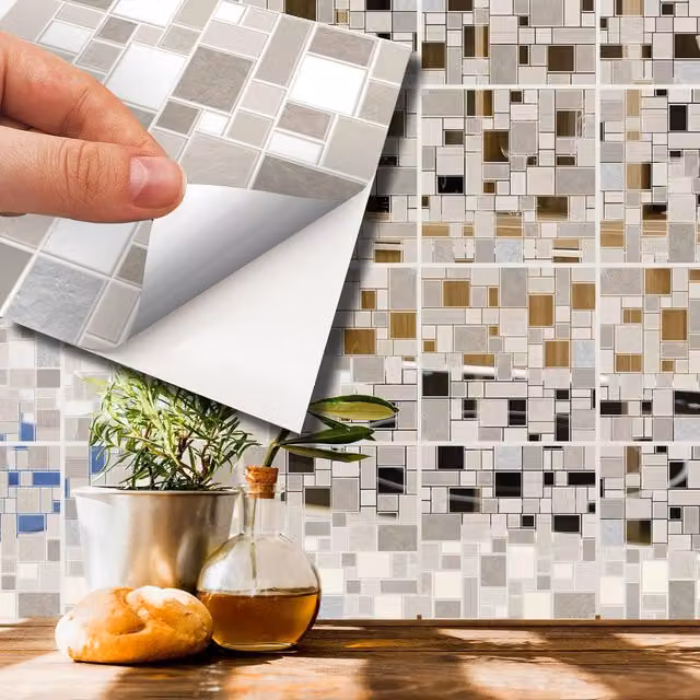Walplus Adhesive Floral Metallic Wall Tile Stickers in Beige, Silver and Brown