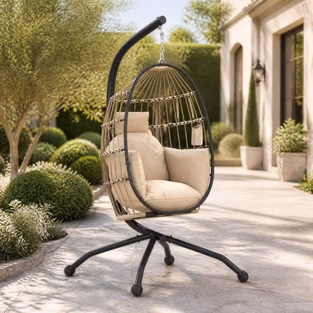 STILVORA Modern Hanging Egg Chair with Stand and Cushions in Green and Beige
