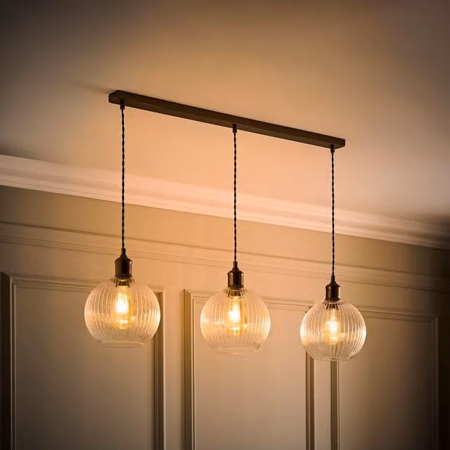 ValueLights Maddison 3 Drop Diner Ceiling Pendant Light with Clear Ribbed Glass Shades and Brushed Brass Finish, H 92 cm