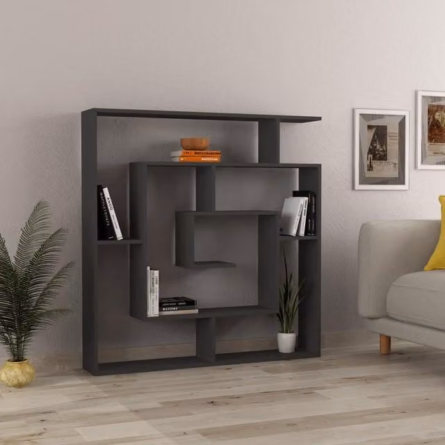 FWStyle Modern Maze Inspired Geometric Bookcase Room Divider Shelving Unit in Anthracite Grey