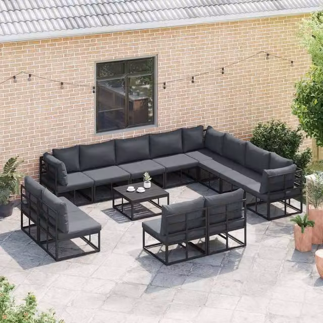 Berkfield Home 13 Piece U-Shape Garden Sofa Set in Black with Powder Coated Aluminium Frame, W/D/H: 70 x 70 x 32 cm