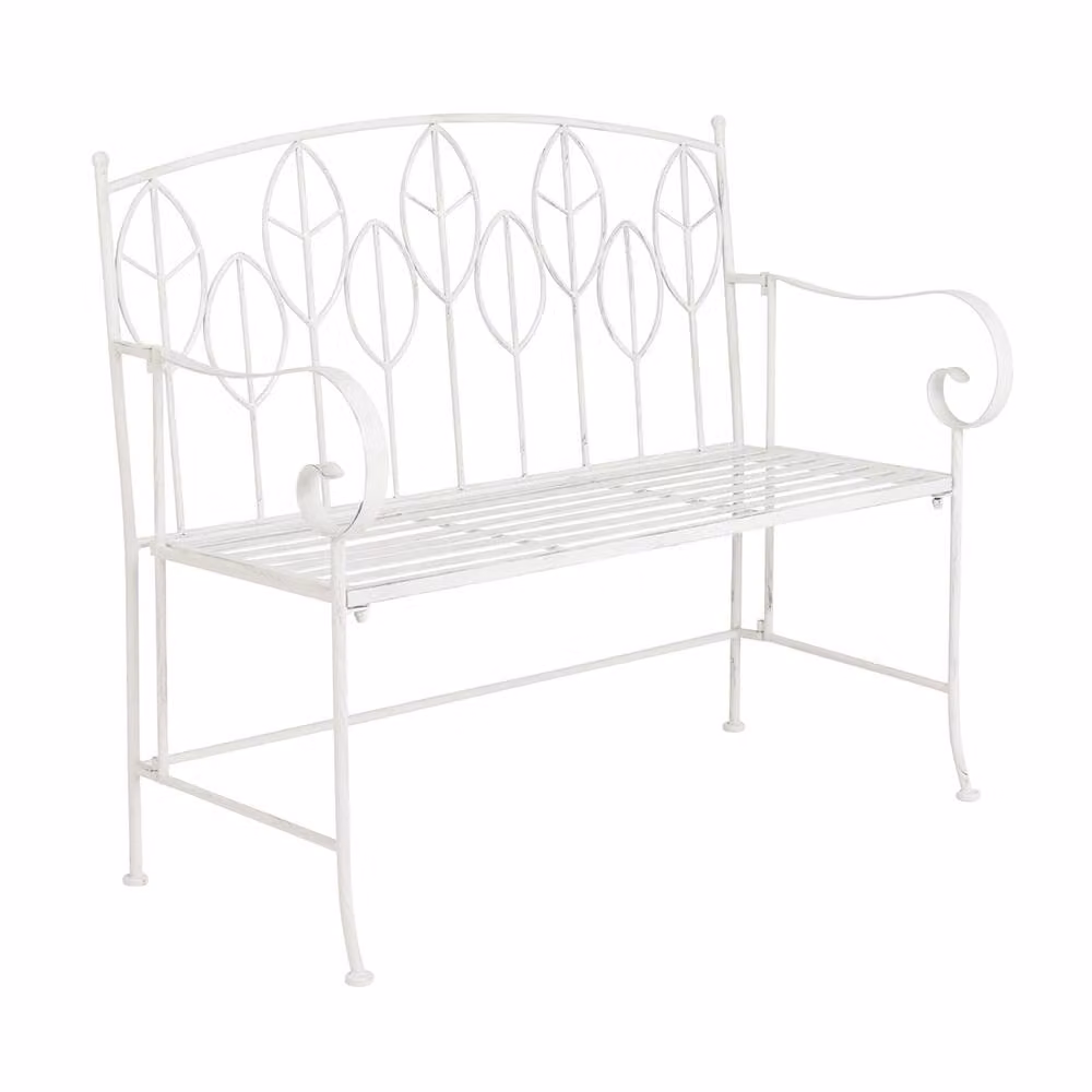 Charles Bentley Rustic Metal Garden Bench with Floral Leaf Design in White and Green, W: 106 cm, H: 92.5 cm, D: 55 cm – 2
