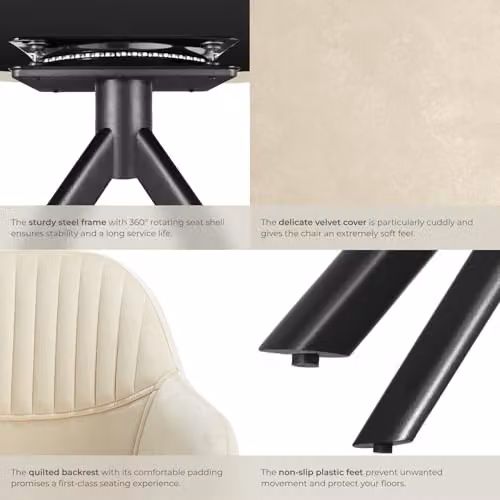 tectake Velvet Swivel Dining Chair with Armrests and Steel Legs, Cream/Black – 5