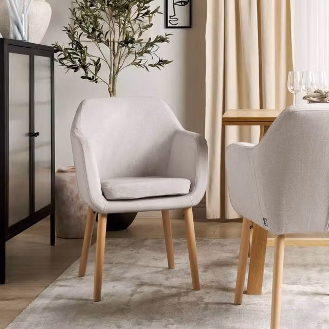 Wyld and Coco Taupe Velvet Dining Chair with Armrests and Rubberwood Legs in Beige
