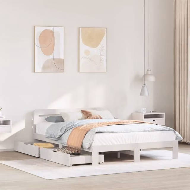 Berkfield Home White Solid Wood Pine Bed Frame with Drawers W/D/H: 140 x 200 cm